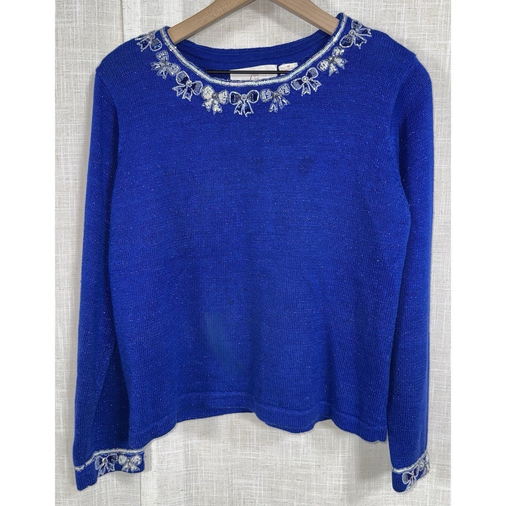 VTG Jane's Closet Women's M Sweater Bows Beaded Sequins Metallic‎ Blue Christmas